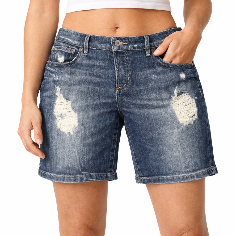 Guess Blue Distressed Denim Mid Rise Resort Wear Classic Jean Button Up Shorts